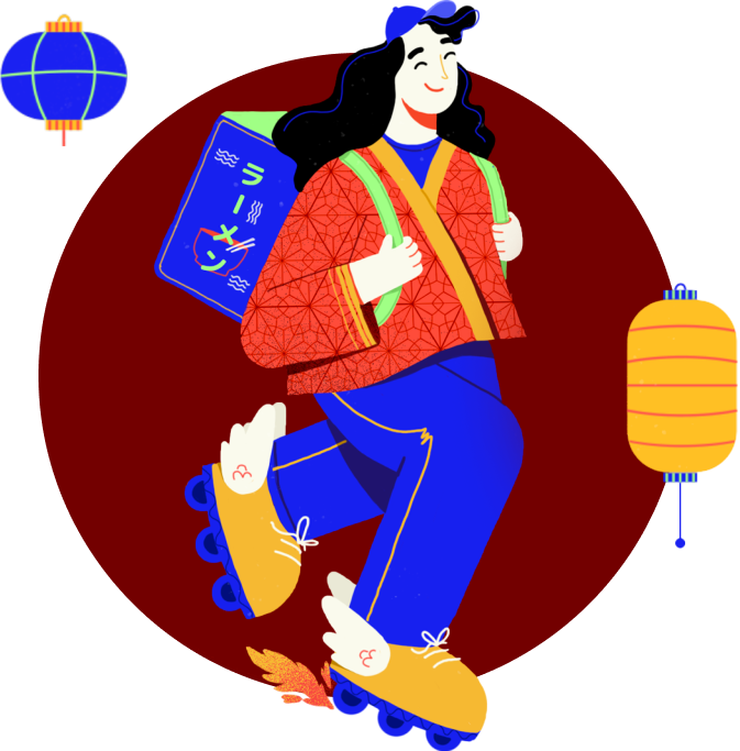 Ilustração de uma garota feliz com roupas de entregadora, patinando e carregando uma mochila de delivery nas costas
